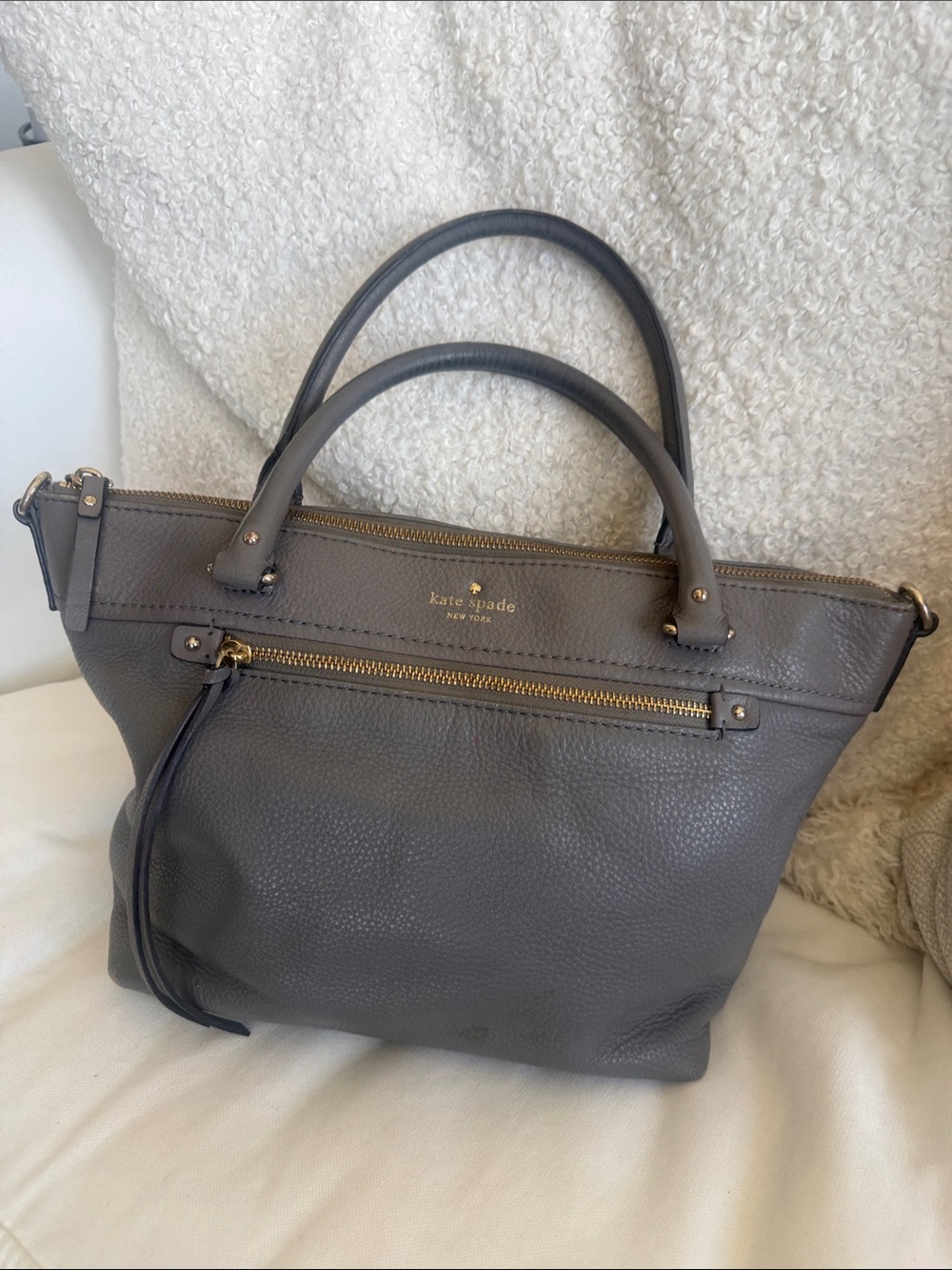 kate spade Gray Pebbled Leather Tote with Gold Hardware